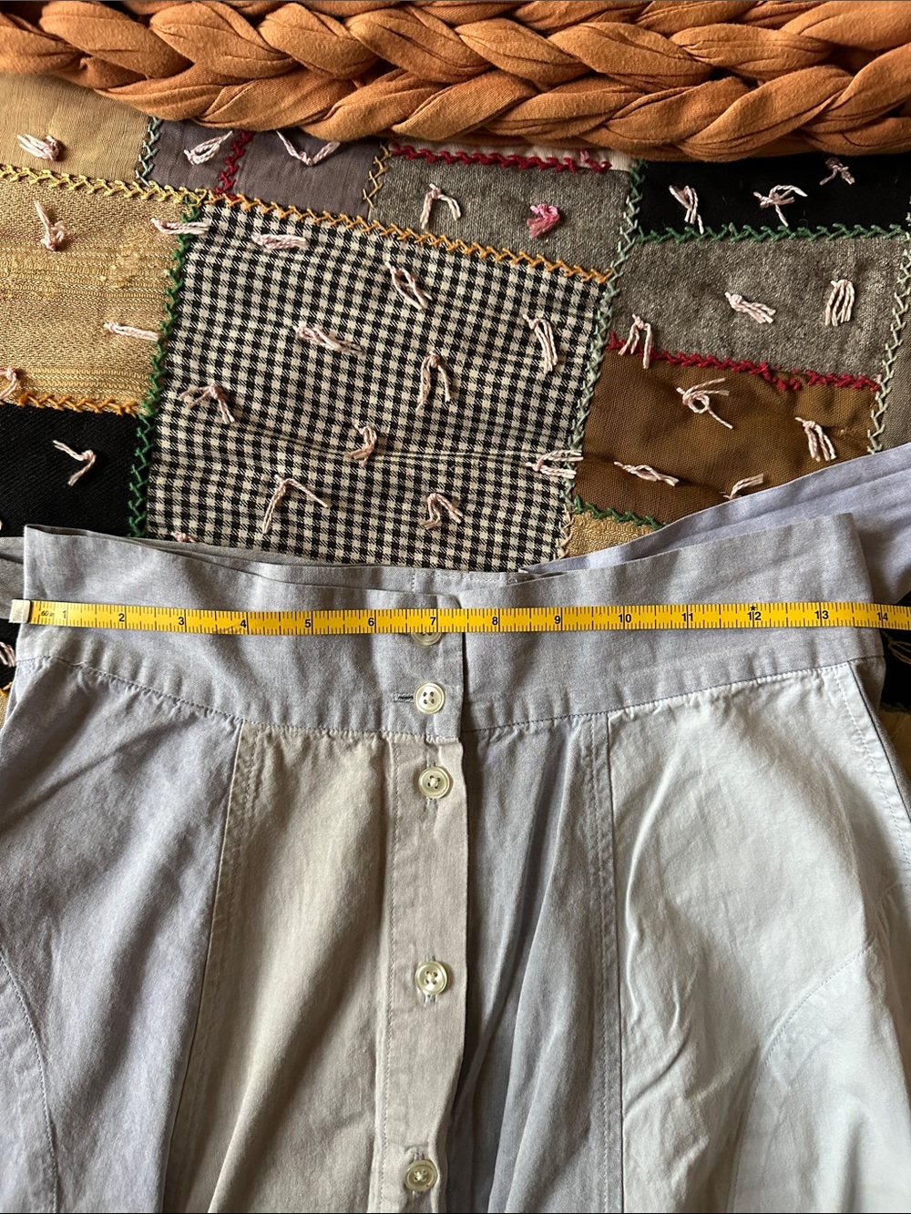 Patchwork Light Blue & Cream A-Line Midi Skirt with Tie Waist - Picture 3 of 4